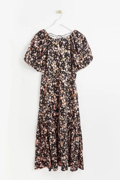 Oliver Bonas Ditsy Black Floral Print Lace Up Midi Dress