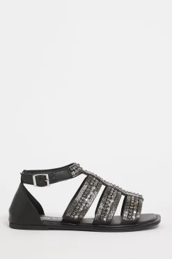 Simply Be Wide Fit Beaded Embellished Black Flat Sandals
