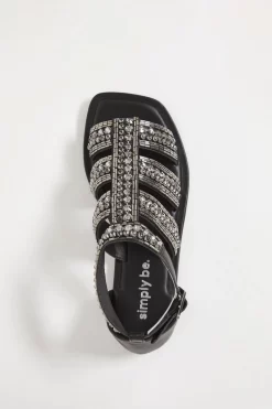 Simply Be Wide Fit Beaded Embellished Black Flat Sandals -Roman Store 290794s3 scaled