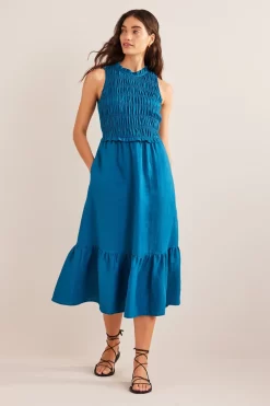 Boden Blue Smocked Linen Midi Dress