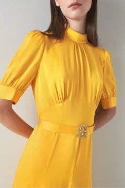 LK Bennett Yellow India Satin Crystal-Buckle Dress -Roman Store 418444s4 scaled