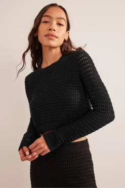 Boden Black Cropped Crochet Jumper