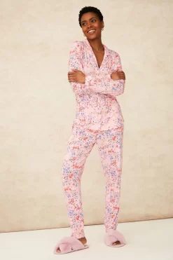 F&F Pink Soft Touch Floral Button Through Pyjamas Set