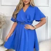AX Paris Blue Wrap Over Belted Skater Dress With Short Sleeves