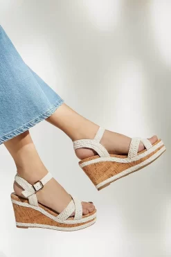 Dune London Kelisa Braided Upper High Wedge Heel White Sandals