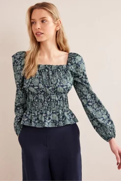Boden Blue Ruched Waist Peplum Top
