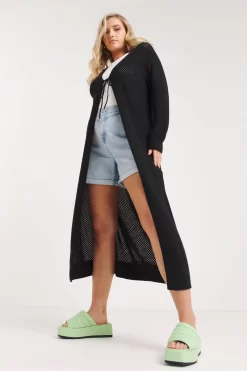 Simply Be Black Crochet Look Maxi Cardigan With Tie Front Detail