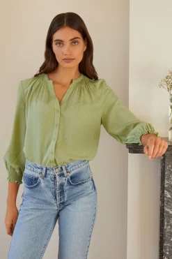 Albaray Green Jacquard Open Neck Blouse