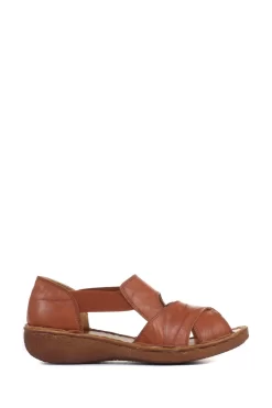 Loretta Tan Ladies Wide Fit Flat Leather Sandals