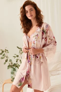 B By Ted Baker Pink Floral Satin Dressing Gown With Lace Details