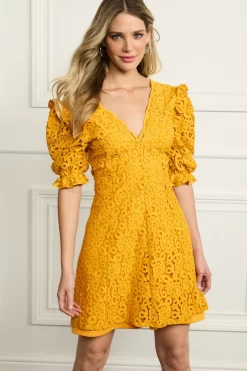 Next Ochre Yellow V-Neck Short Puff Sleeve Lace Mini Dress