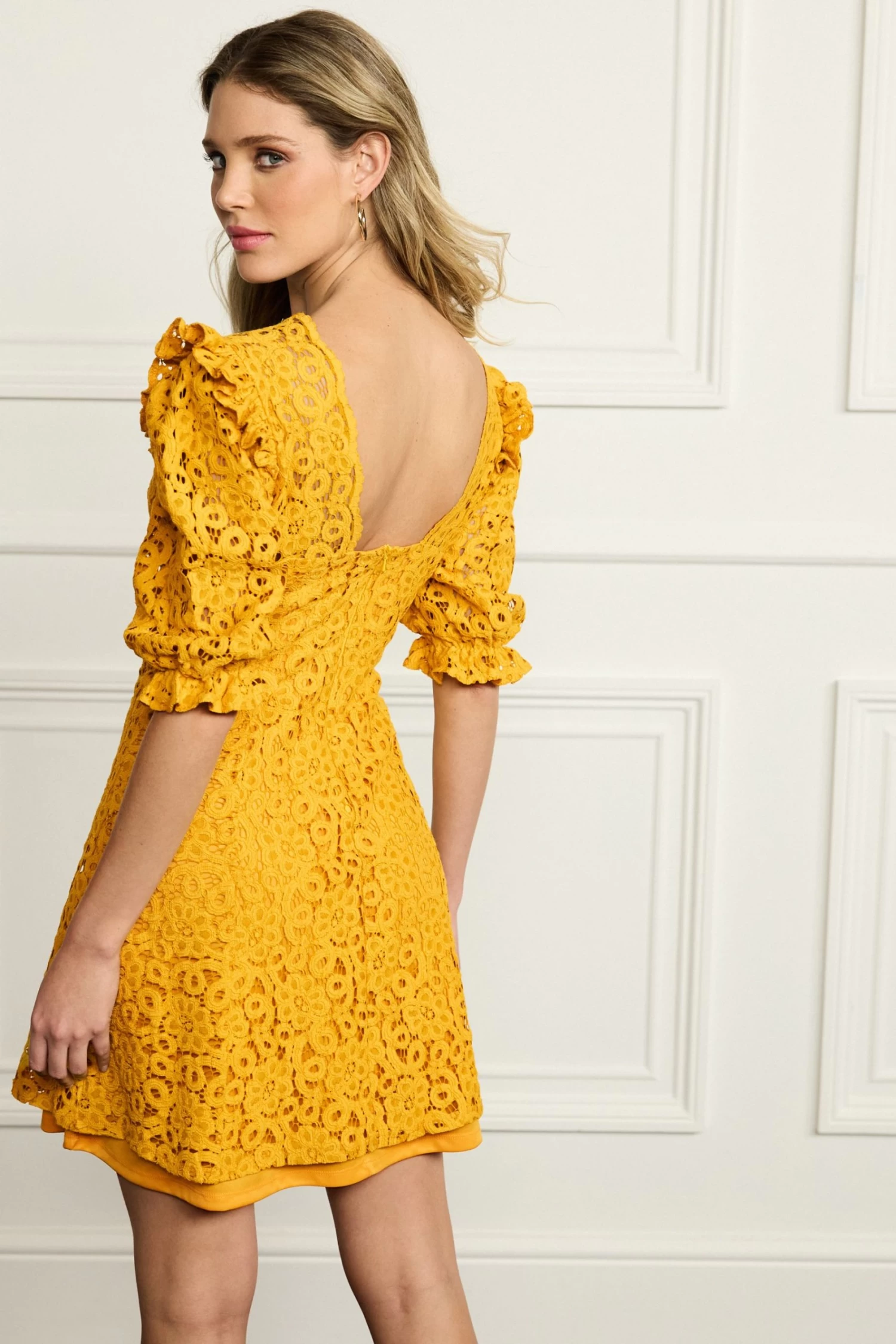 Next Ochre Yellow V-Neck Short Puff Sleeve Lace Mini Dress 3 Next Ochre Yellow V-Neck Short Puff Sleeve Lace Mini Dress - Image 3