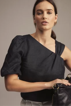 Mint Velvet Black Linen One Shoulder Top