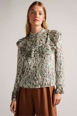 Ted Baker Green Indira Blouse With Ruffle Bib Detail