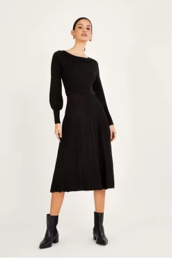 Monsoon Pleat Trim Black Midi Dress