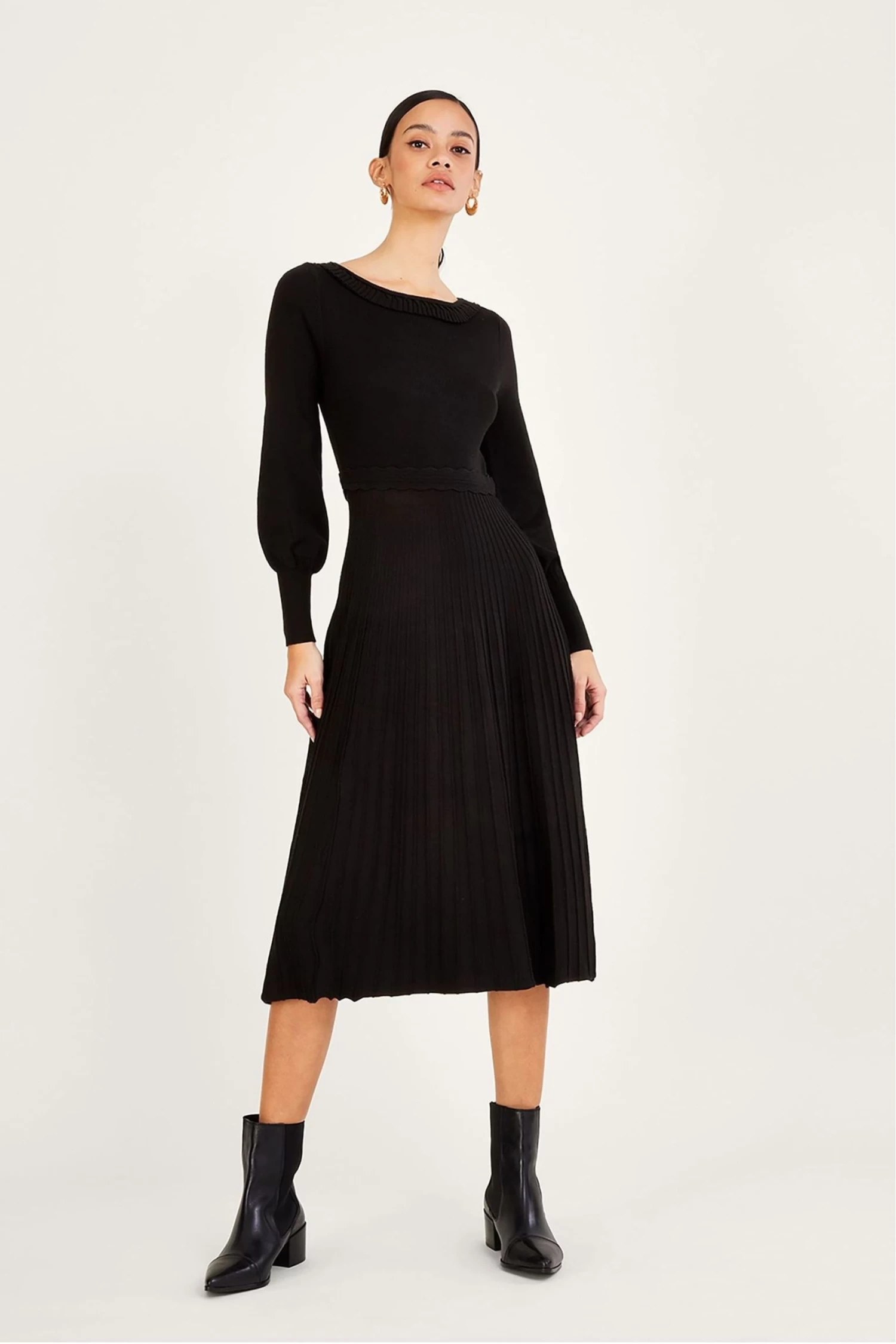 Monsoon Pleat Trim Black Midi Dress 1 Monsoon Pleat Trim Black Midi Dress