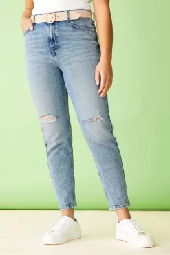F&F Blue Midwash Ripped Belted Mom Jeans