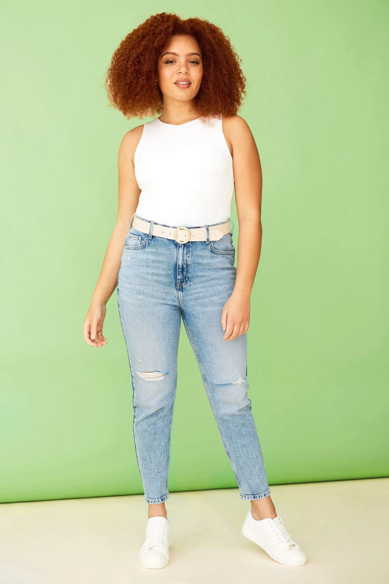 F&F Blue Midwash Ripped Belted Mom Jeans 3 F&F Blue Midwash Ripped Belted Mom Jeans - Image 3