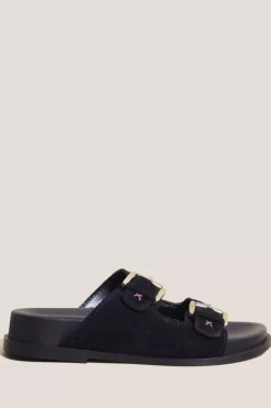 White Stuff Suede Embroidered Black Sandals