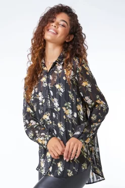 Roman Floral Shimmer Longline Shirt