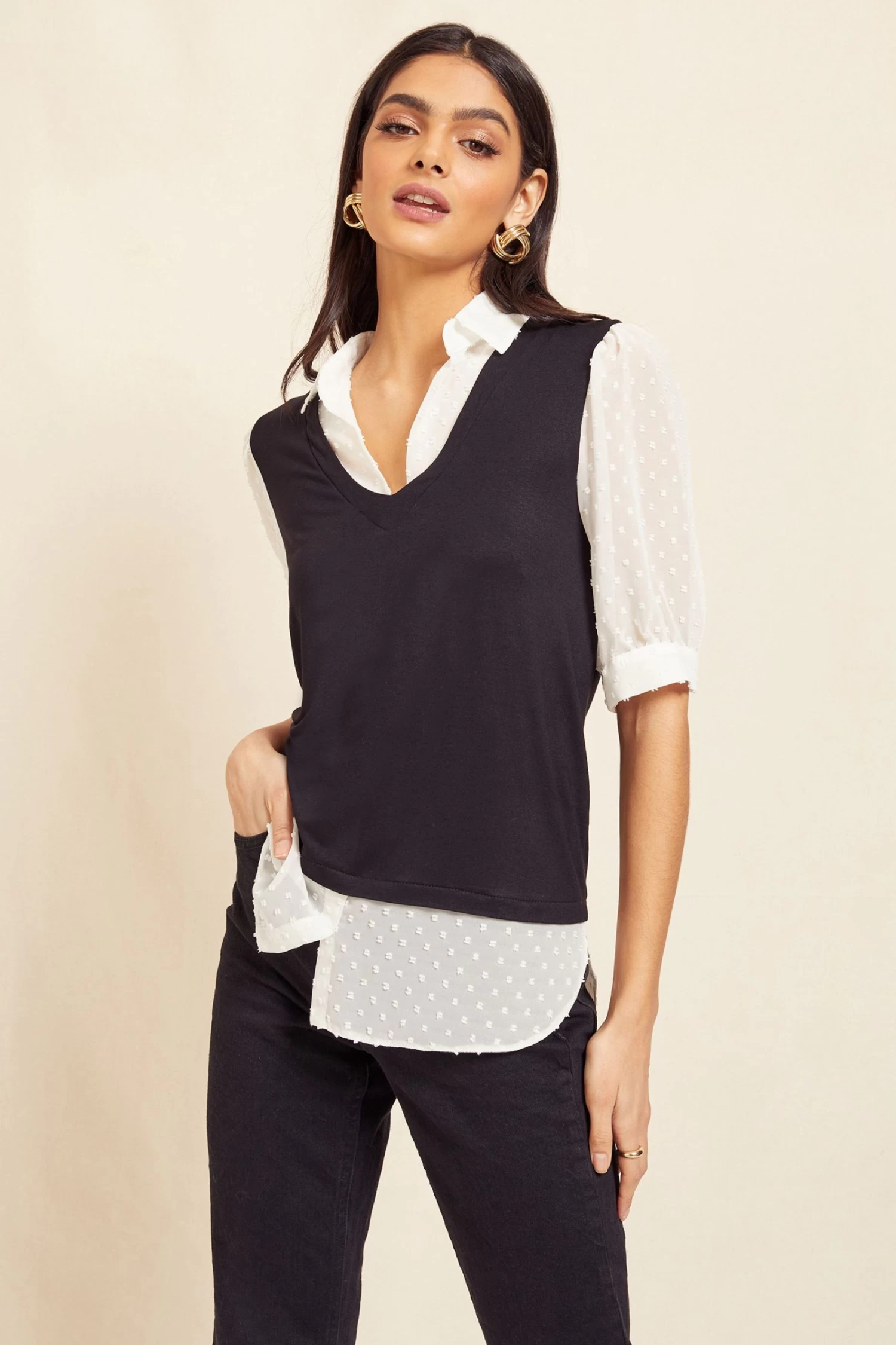 Friends Like These Short Sleeve 2in1 Collar Detail Top 1 Friends Like These Short Sleeve 2in1 Collar Detail Top