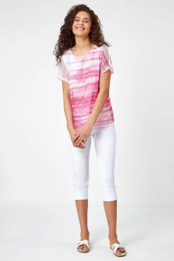 Roman Mesh Overlay Stripe Print Top