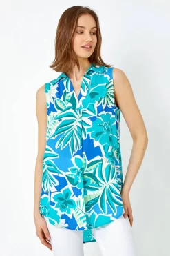 Roman Sleeveless Tropical Print Over Shirt