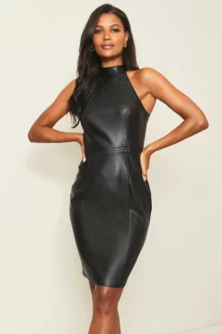 Lipsy Faux Leather Whipstitch Halter Mini Dress