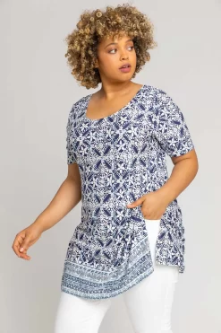 Roman Curve Tile Print Longline Top