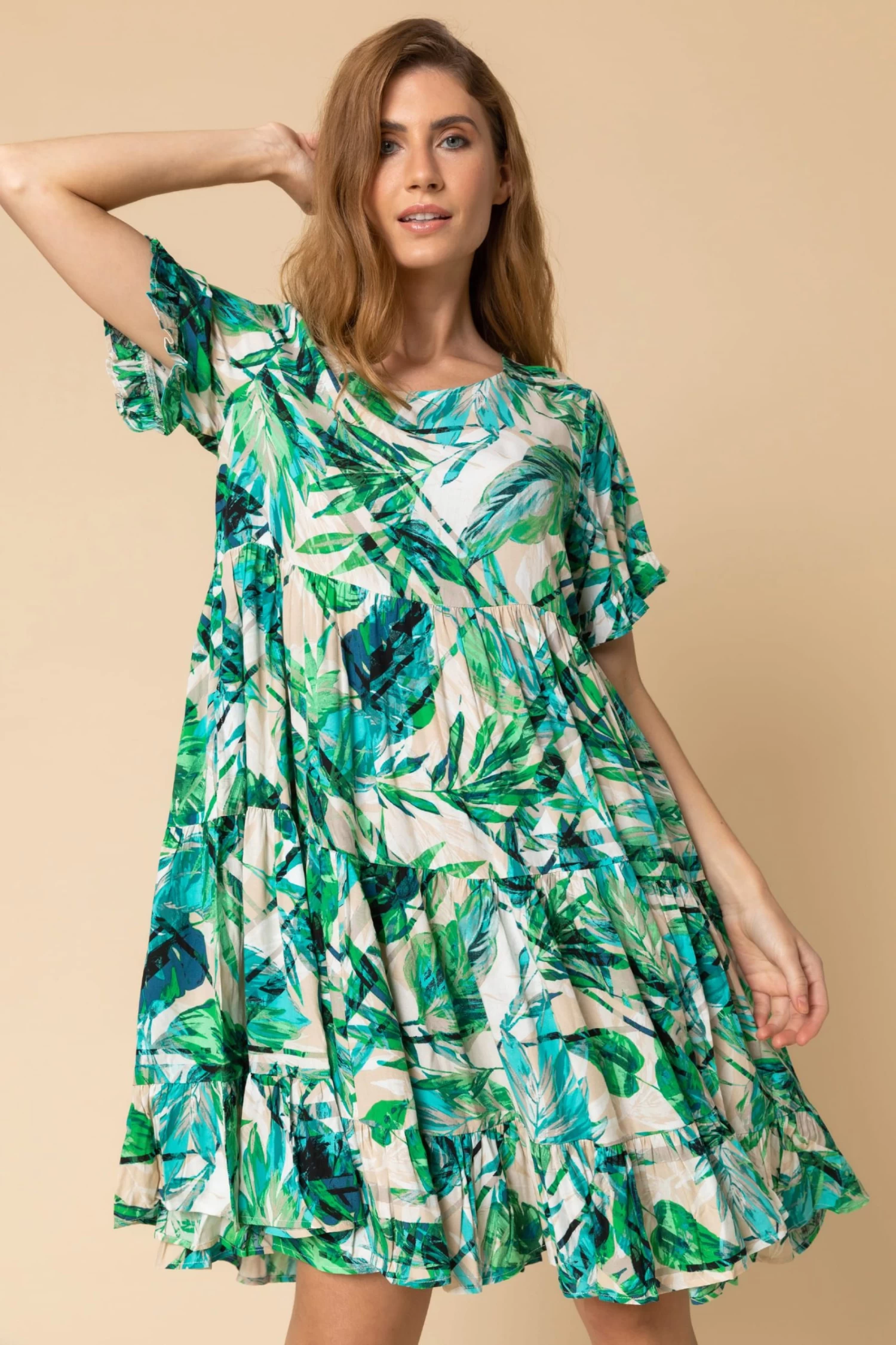Roman Tropical Print Tiered Pocket Dress 1 Roman Tropical Print Tiered Pocket Dress