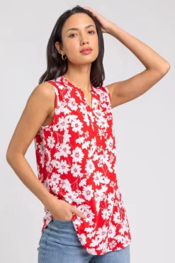 Roman Floral Puff Print Notch Neck Top