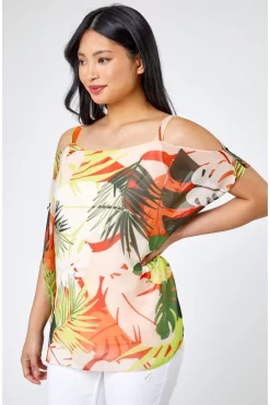 Roman Petite Tropical Cold Shoulder Overlay Top
