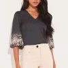 Lipsy V Neck 3/4 Balloon Sleeve Print Top