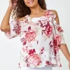 Roman Floral Print Cold Shoulder Frill Top