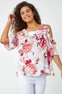 Roman Floral Print Cold Shoulder Frill Top
