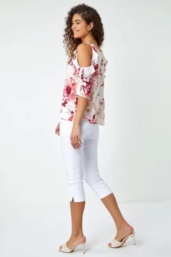 Roman Floral Print Cold Shoulder Frill Top -Roman Store Q40376s3 scaled