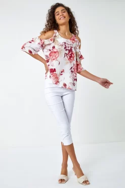 Roman Floral Print Cold Shoulder Frill Top -Roman Store Q40376s4 scaled