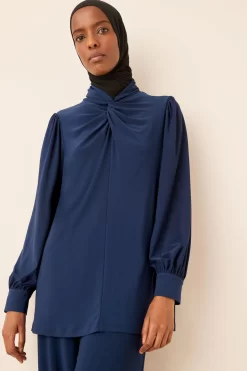Next Navy Blue Knotted High Neck Long Sleeve Longline Top