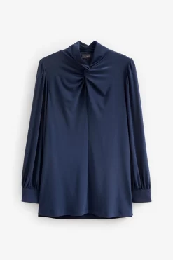 Next Navy Blue Knotted High Neck Long Sleeve Longline Top -Roman Store T70705s6 scaled