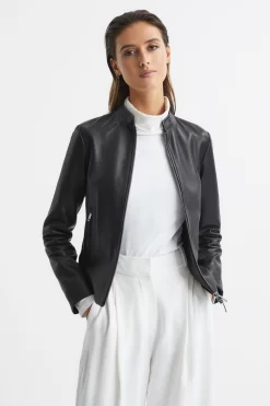 Reiss Allie Leather Collarless Biker Jacket