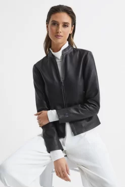 Reiss Allie Leather Collarless Biker Jacket -Roman Store T83907s6 scaled