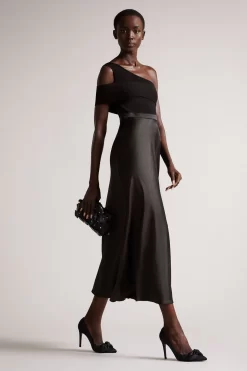 Ted Baker Ivena Black Asymmetric Knit Bodice Satin Skirt Dress