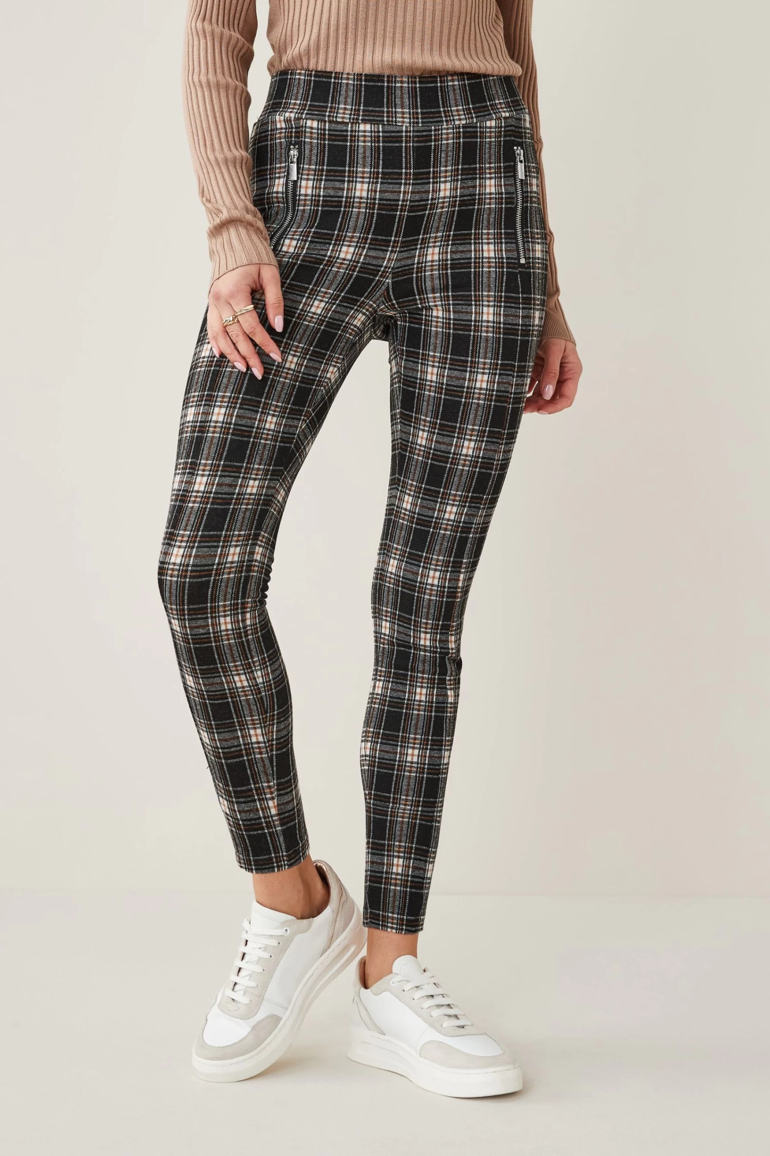Next Tan Brown Tartan Check Ponte Zip Detail Leggings 1 Next Tan Brown Tartan Check Ponte Zip Detail Leggings