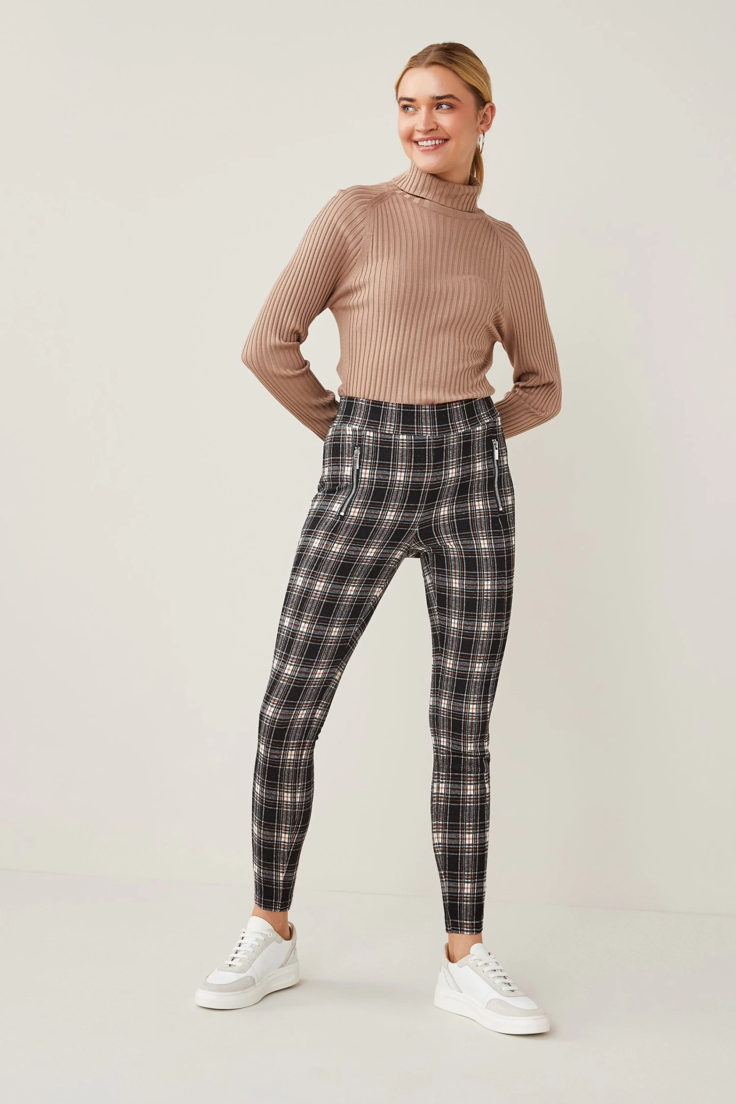 Next Tan Brown Tartan Check Ponte Zip Detail Leggings 2 Next Tan Brown Tartan Check Ponte Zip Detail Leggings - Image 2